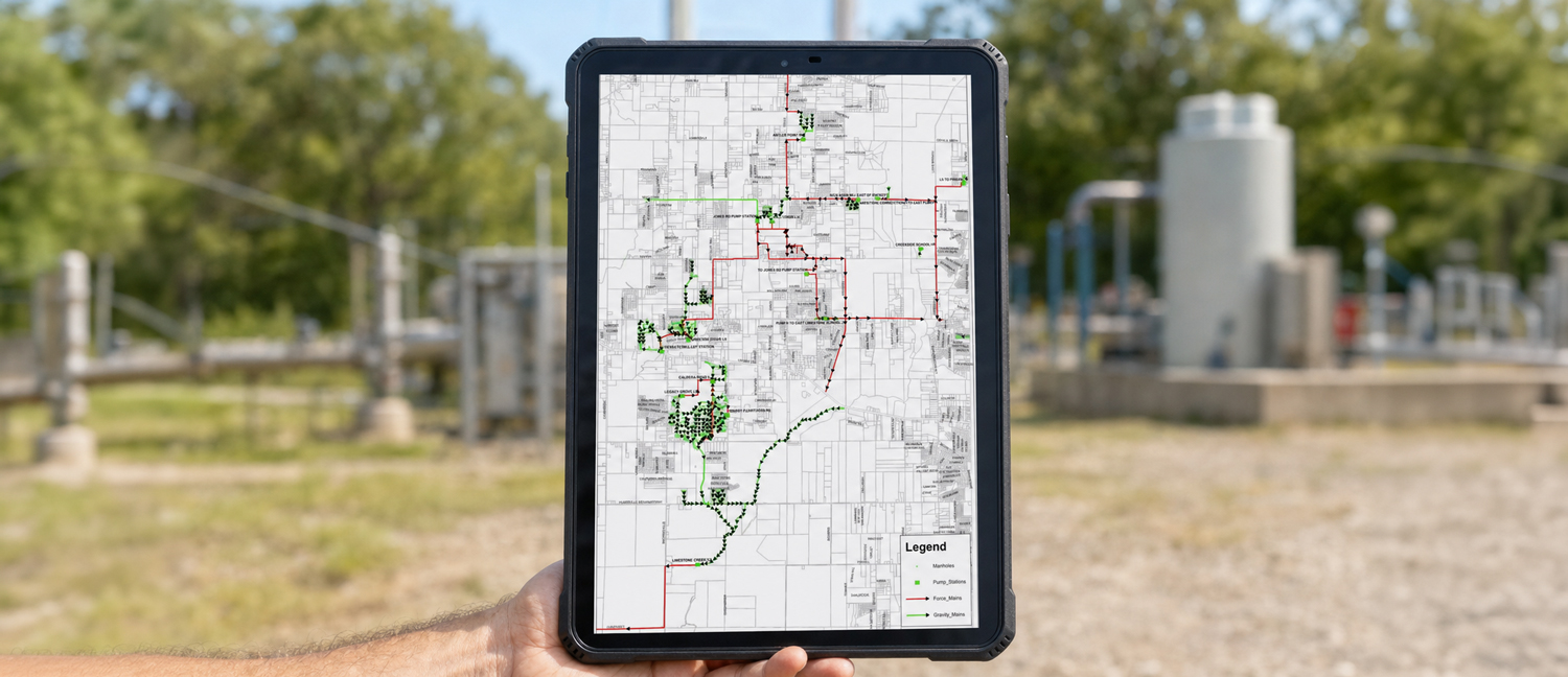 Hand holding a tablet displaying a GIS map of the Limestone County sewer collection system, with pump stations, force mains, gravity mains, and manholes shown, at a water treatment facility.